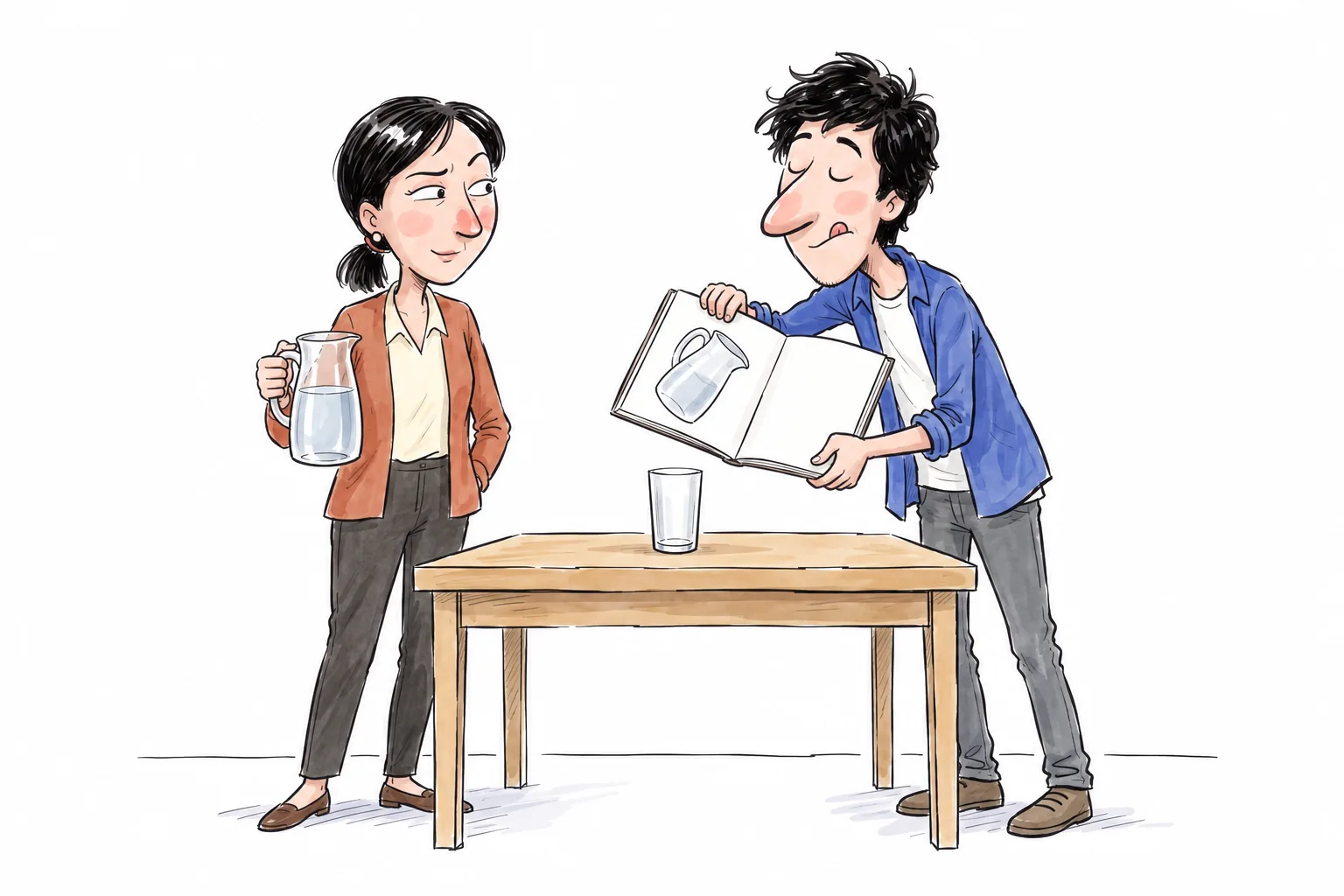 Timur tries to pour water from a jug drawn in a book into an empty glass. Dana holds a real jug of water.