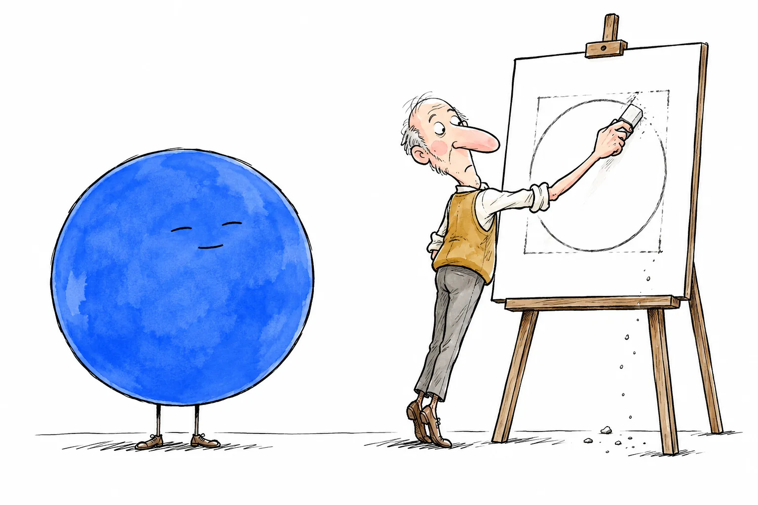 An unperturbed blue circle on thin legs poses for a draughtsman. He erases a square on the easel and corrects the drawing to a circle.