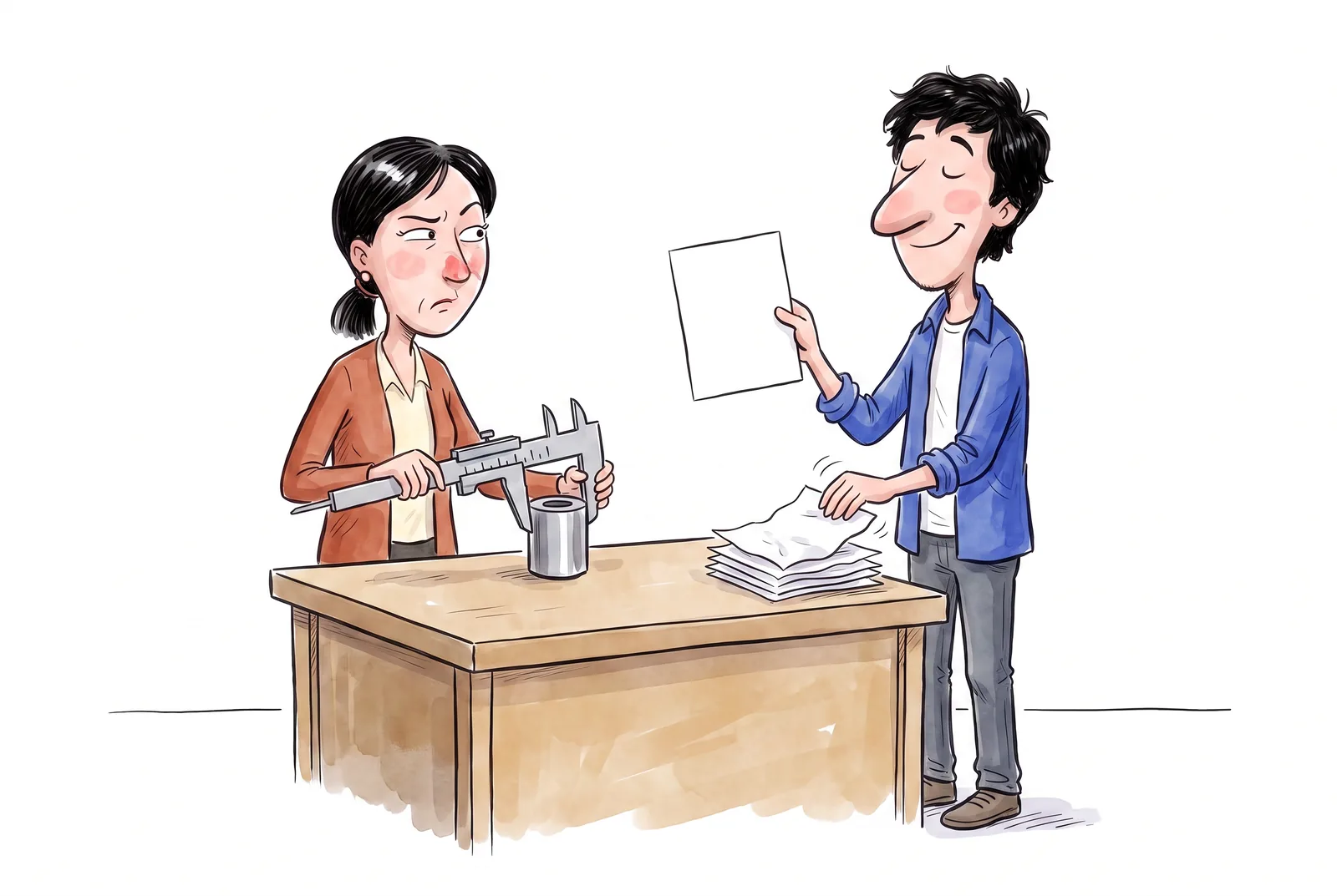 Dana measures a steel part with calipers while a pleased Timur holds up one neat sheet, stacking the remaining notes.