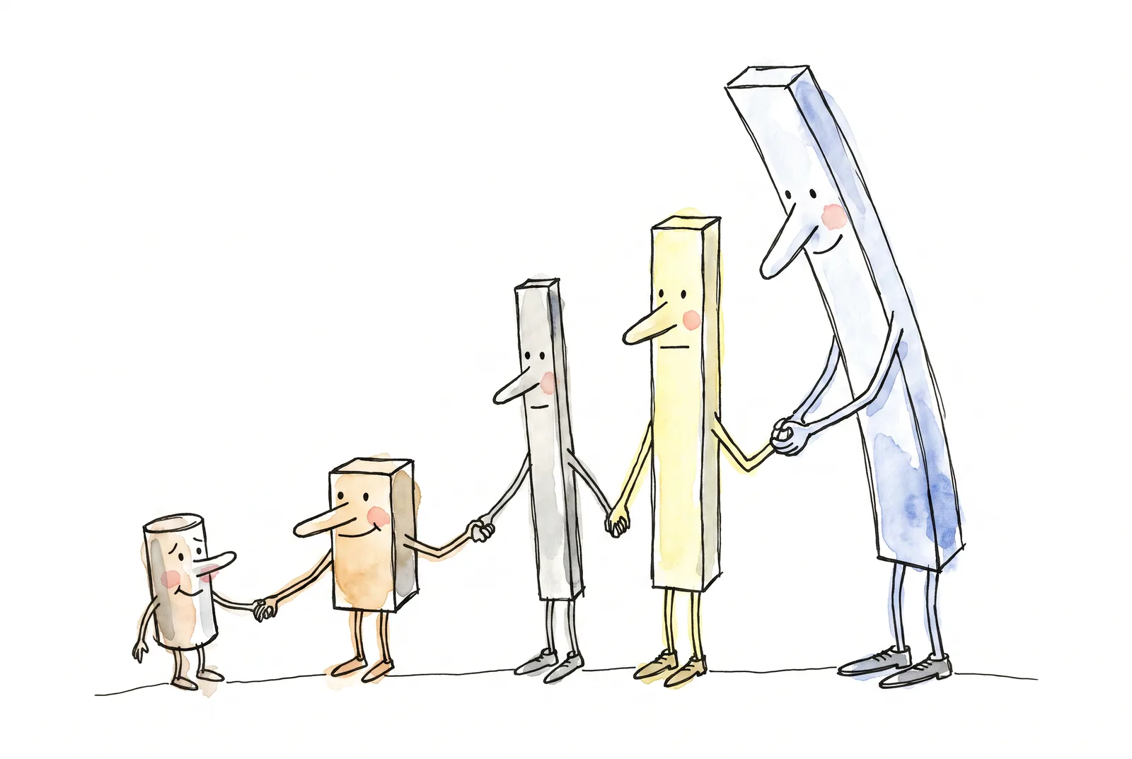 Family portrait of a measurement: a tiny part and standards of different sizes hold hands in an unbroken chain. A humorous metaphor for traceability.