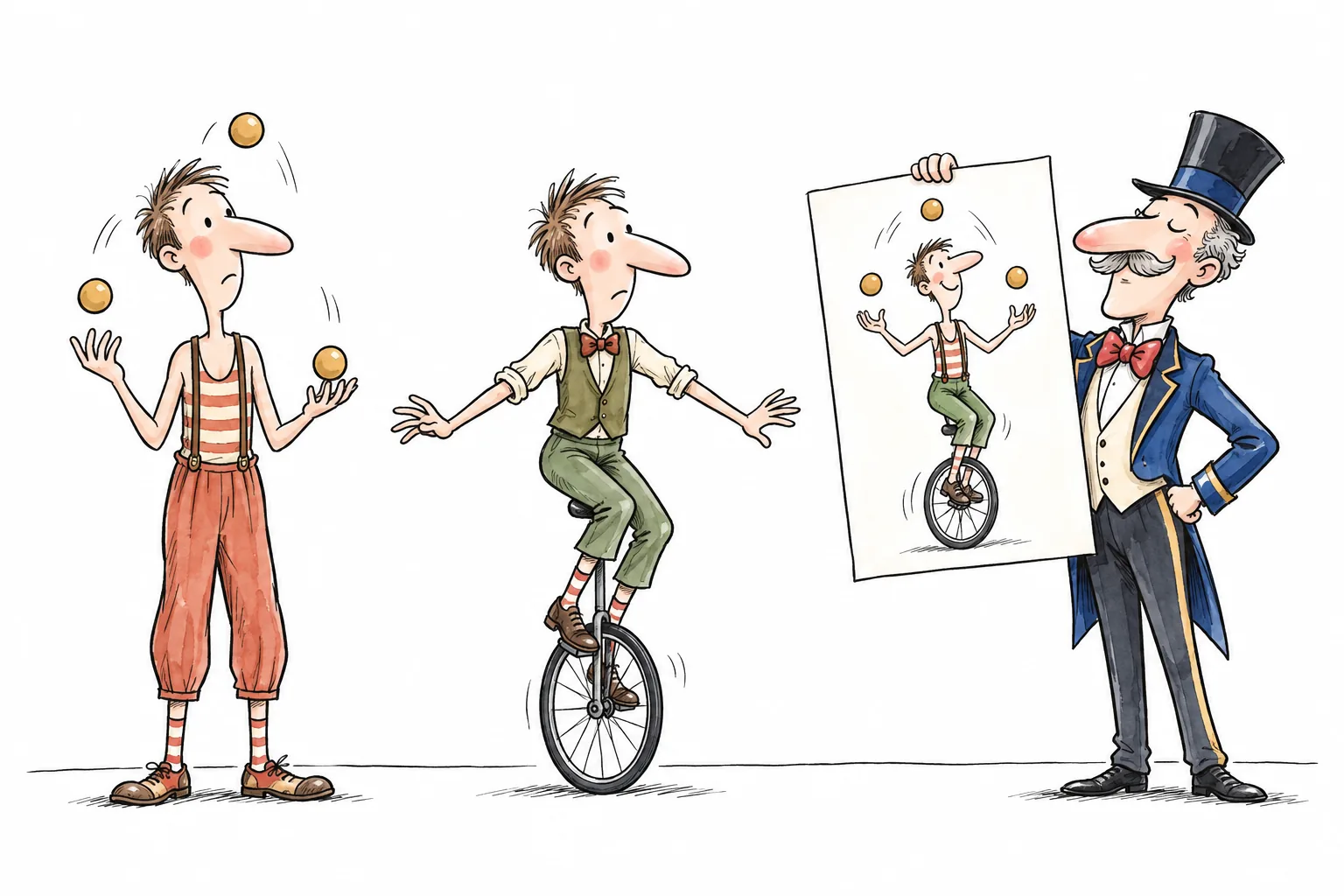 One performer juggles on the ground, another rides a unicycle with empty hands. An impresario displays a poster ascribing both skills to a single performer.