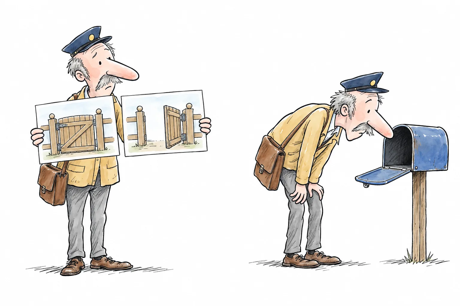 On the left a postman holds two messages: the same gate is closed and open. On the right he peers into an empty mailbox. Contradiction and the absence of messages are distinguished.