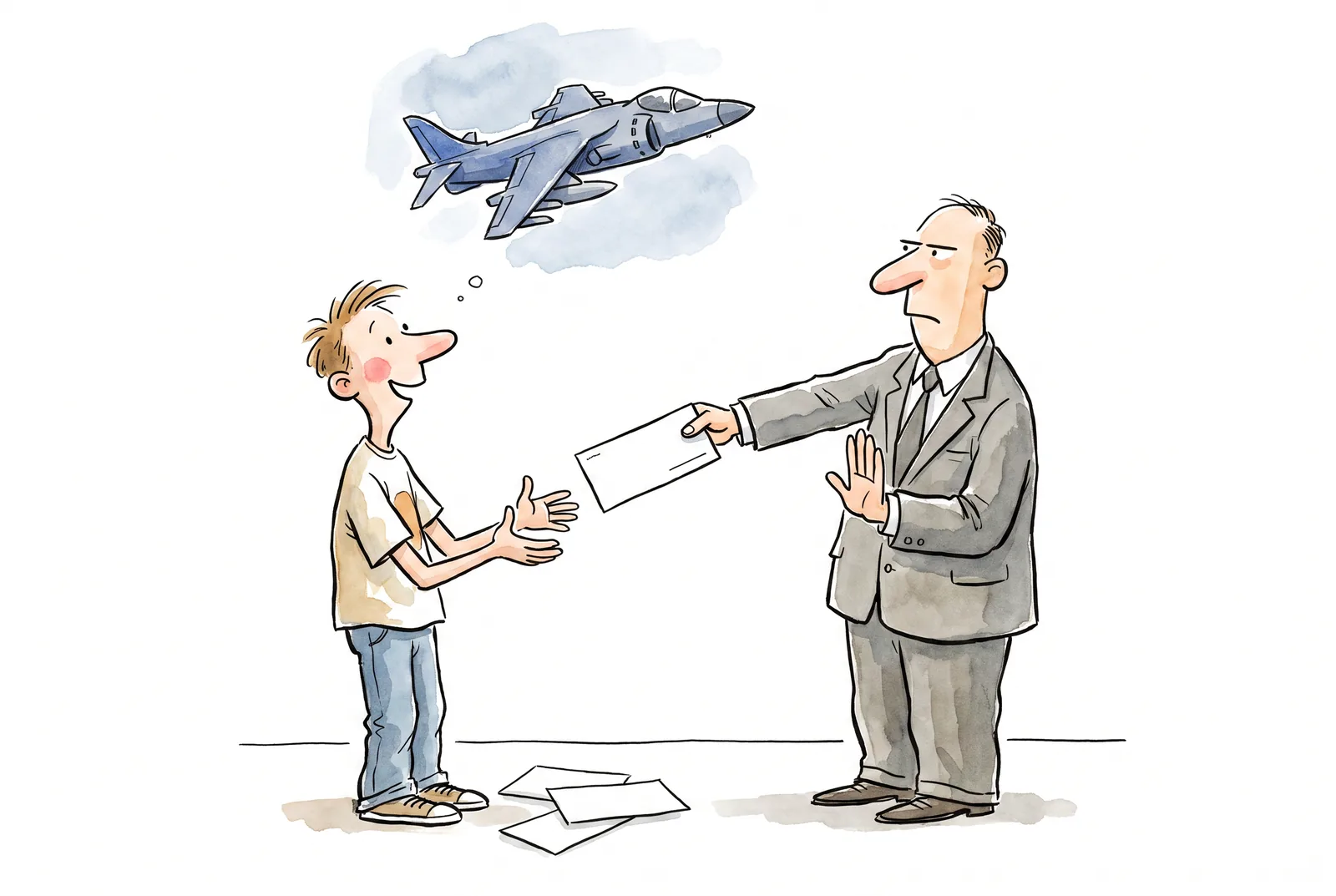Leonard presents a fighter jet while a clerk hands his cheque back.