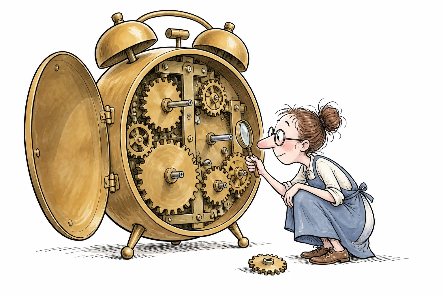 A watchmaker with a loupe examines the open mechanism of a huge alarm clock; a separate gear lies on the ground nearby.