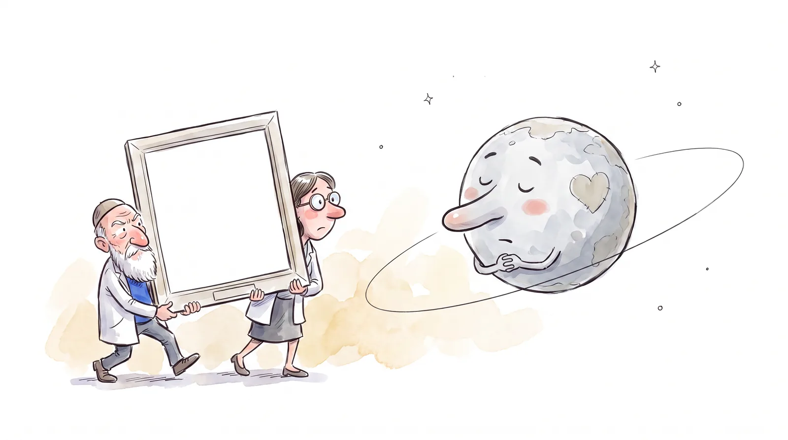 An unbothered Pluto stays on its orbit while fussy astronomers rearrange an empty frame around it. A caricature of reclassification.
