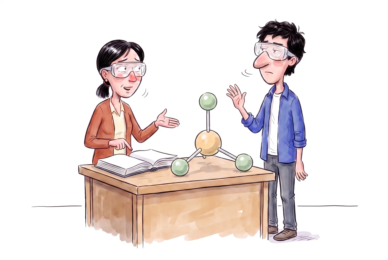 Dana and Timur confidently argue over the same ball-and-stick molecular model while meaning different definitions of acid.