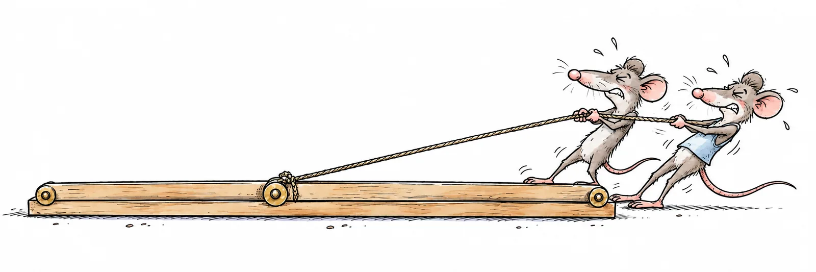 Two mice pull at the hinge of three wooden slats, but the two short slats together equal the long one and the frame does not rise.