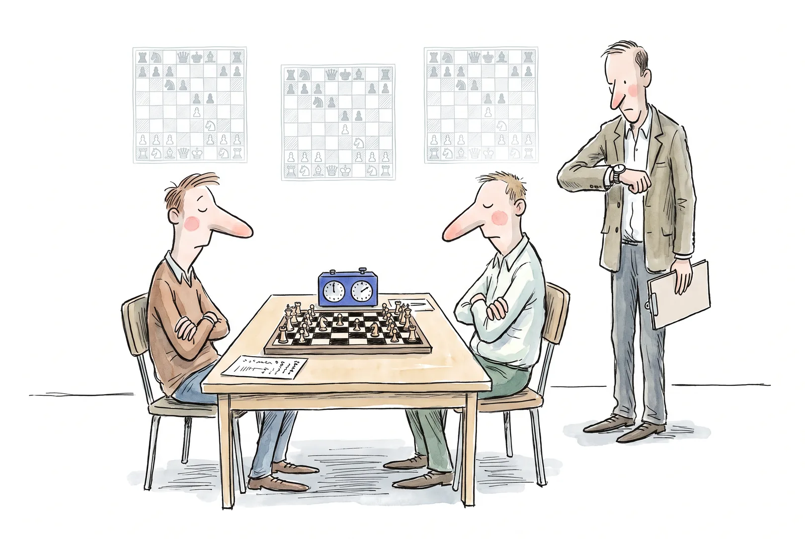 Two chess players sit in silence with folded arms; above the board three pale repeats of one position; the arbiter looks at the clock.
