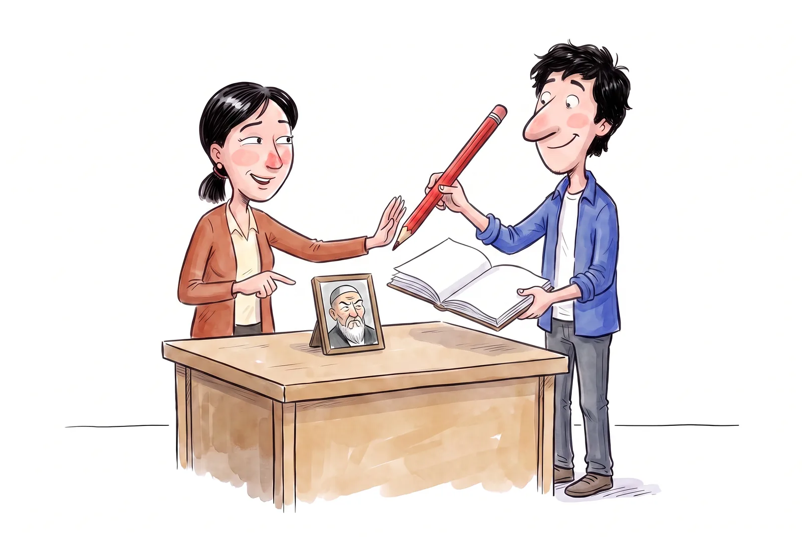 Timur is about to correct a poem with a long red pencil. Dana stops him; a portrait of the poet watches from the desk.