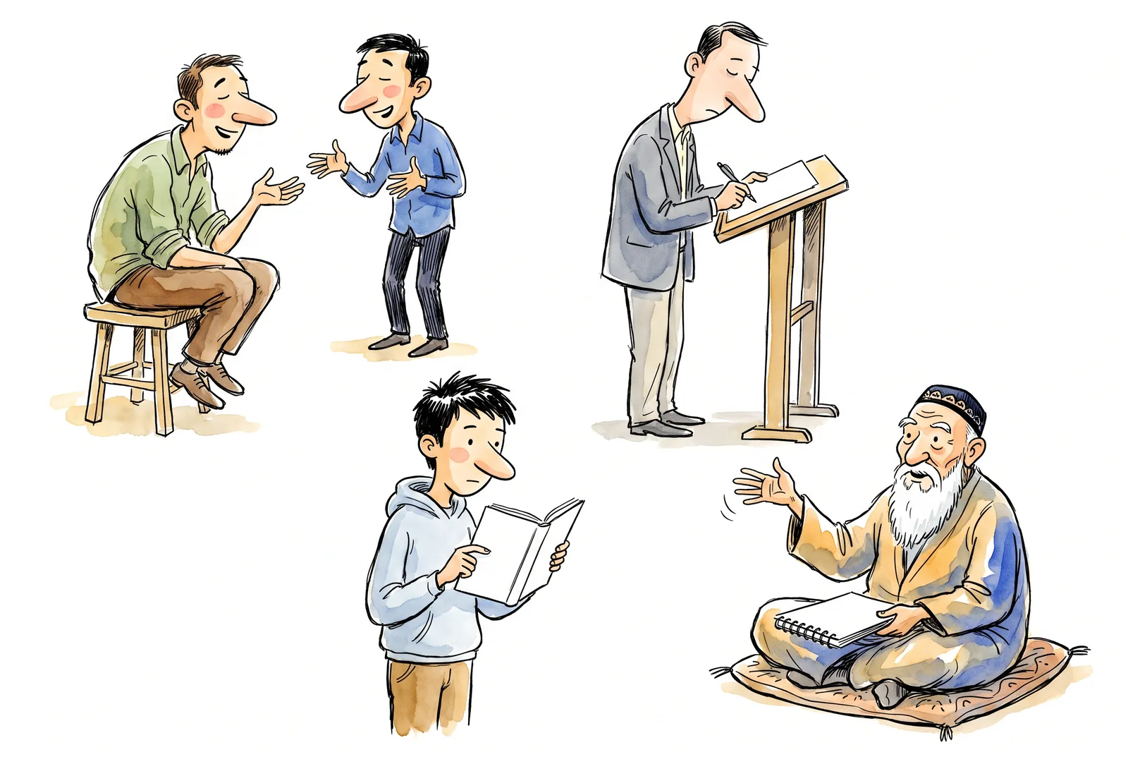 Four small scenes: friends talking, a formal letter, reading an assigned text, and a poet at work. Different situations call for different questions about correctness.