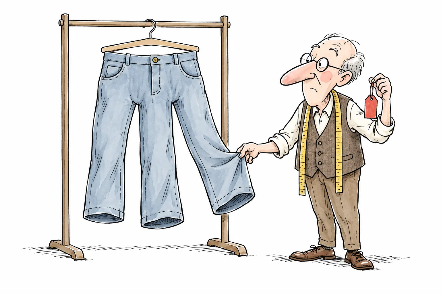 An inspector examines trousers with three legs and holds a red tag. The defect is found, but the trousers stay the same.