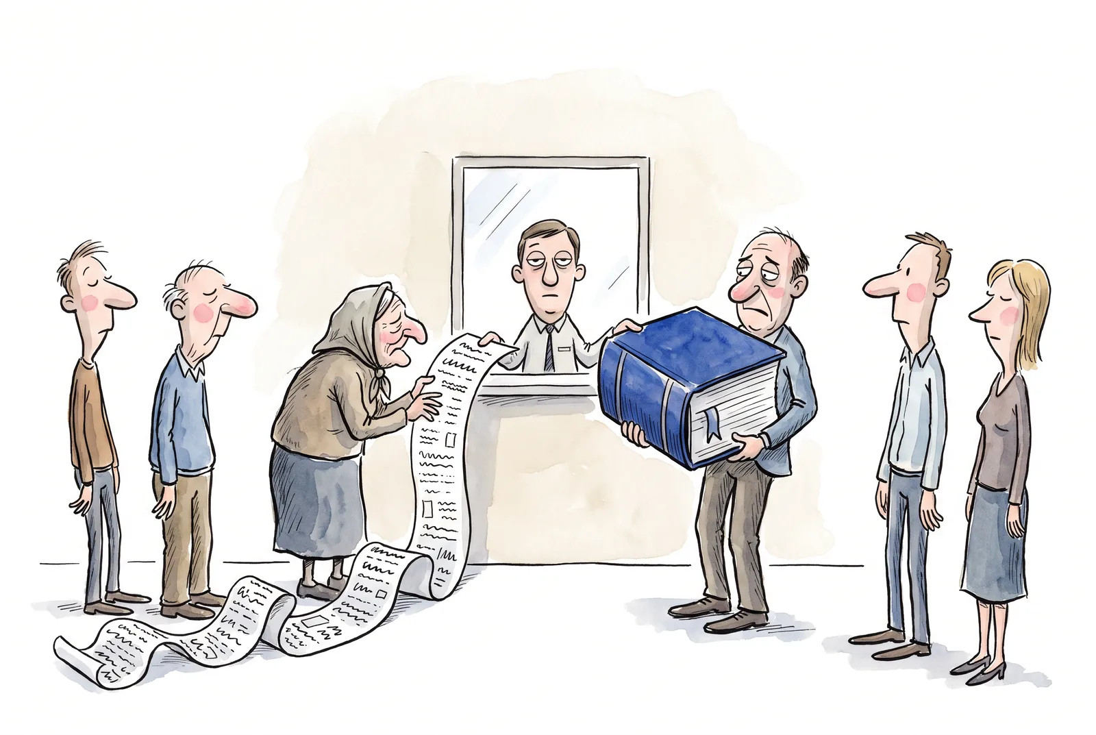 Two queues at one window: a woman is handed a long printout of a calculation, a man an enormous blue tome of the statute with a bookmark.