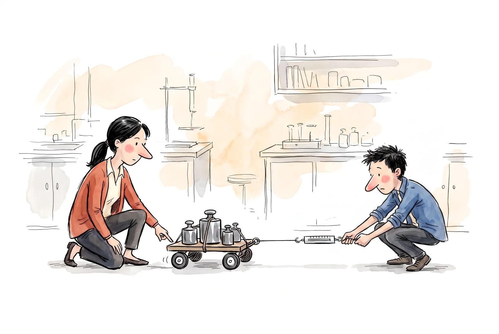 Timur pulls a cart while Dana examines the contact of the wheel with the floor.