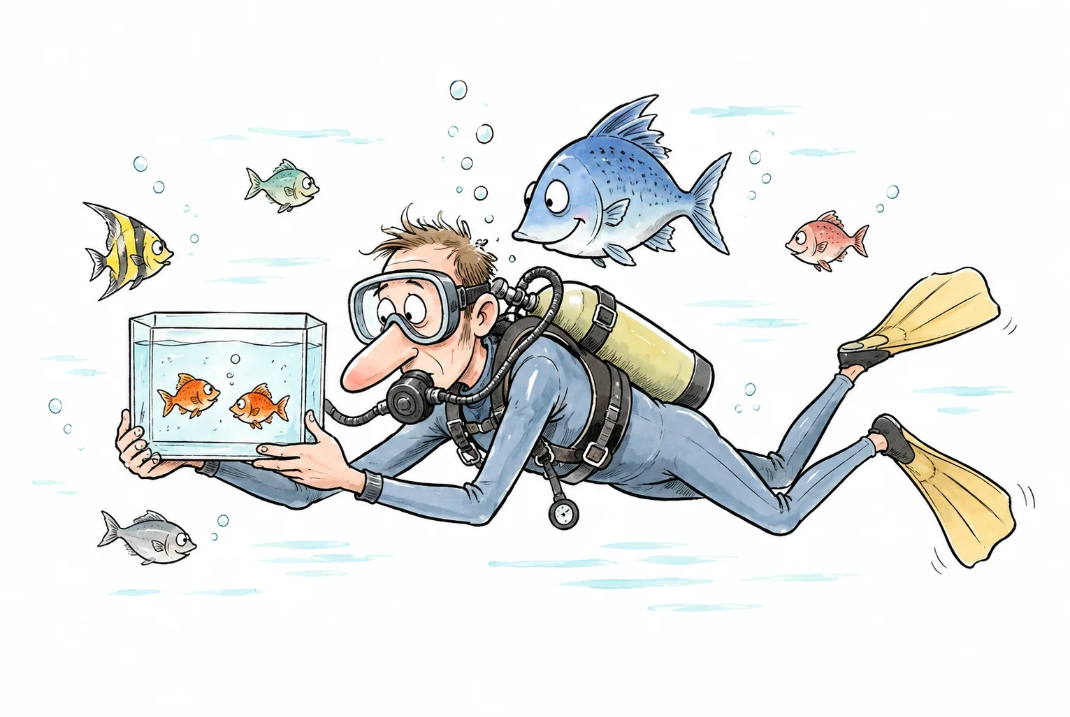A diver closely examines two fish in a small aquarium while other fish swim freely around him.
