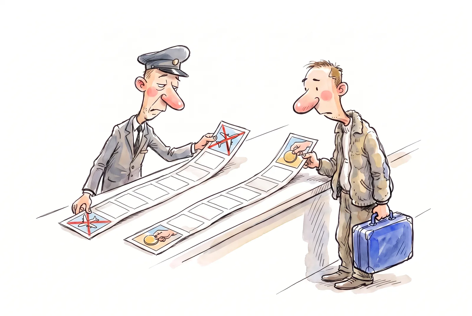 A passenger and an airline clerk apply identical measuring tapes to different starting events.