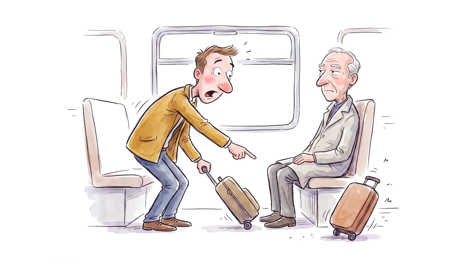 In an accelerating train car a passenger is surprised by a suitcase moving relative to the seats.