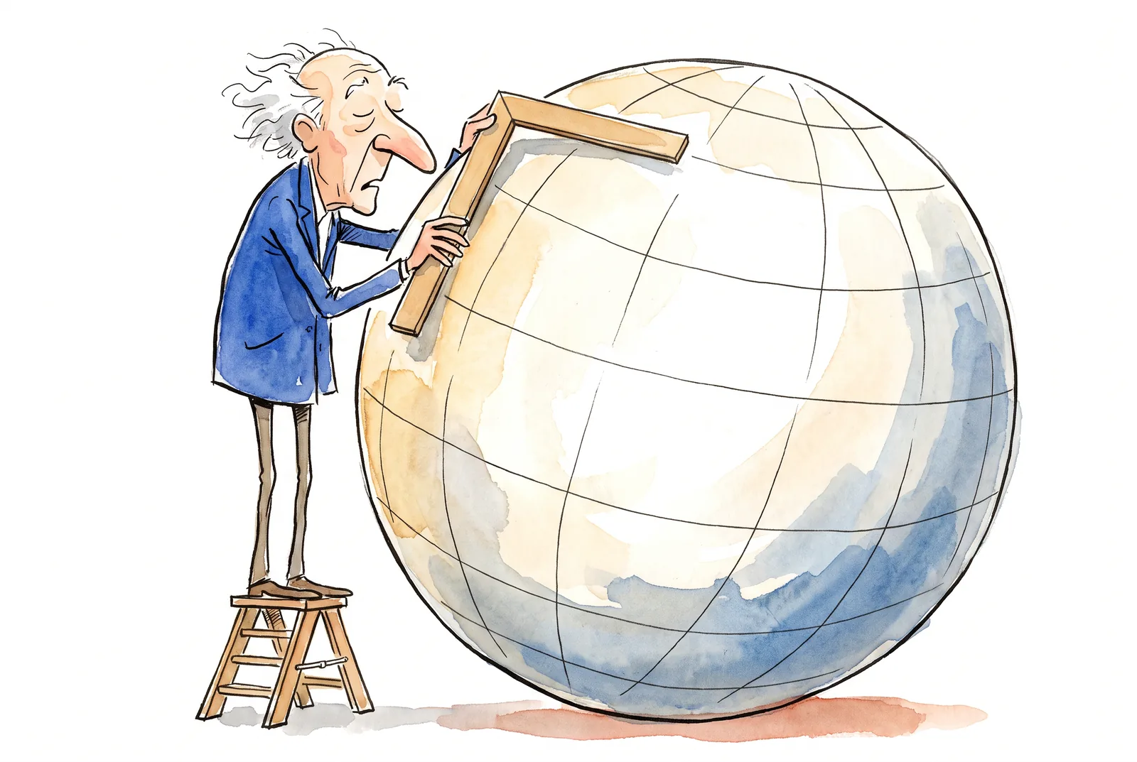 A geometer tries to fit a flat set square onto a large globe.
