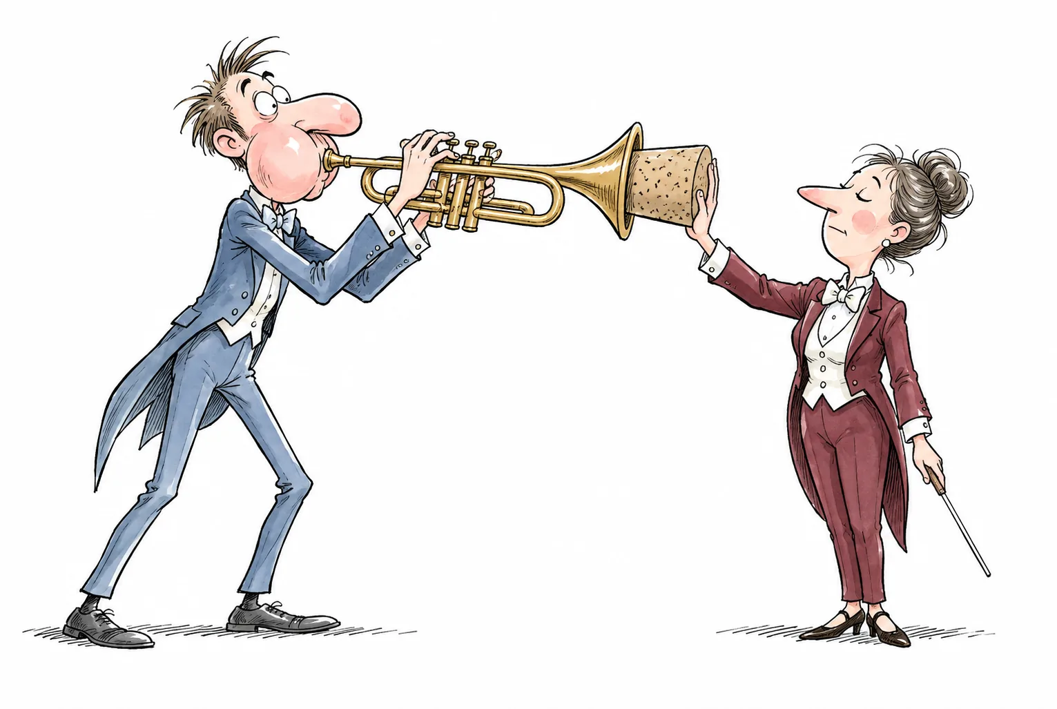 A trumpeter with puffed cheeks keeps blowing into a trumpet while an unmoved conductor closes its bell with a huge cork.