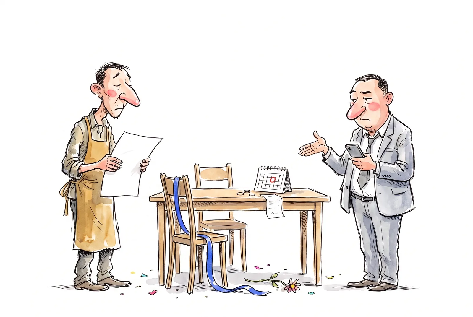 A furniture supplier waits for payment in an emptied banquet hall; the customer looks at a phone, a calendar and part of the payment nearby.