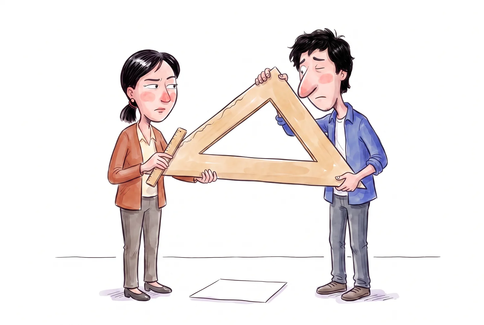 Dana and Timur check a huge set square with a tiny ruler.