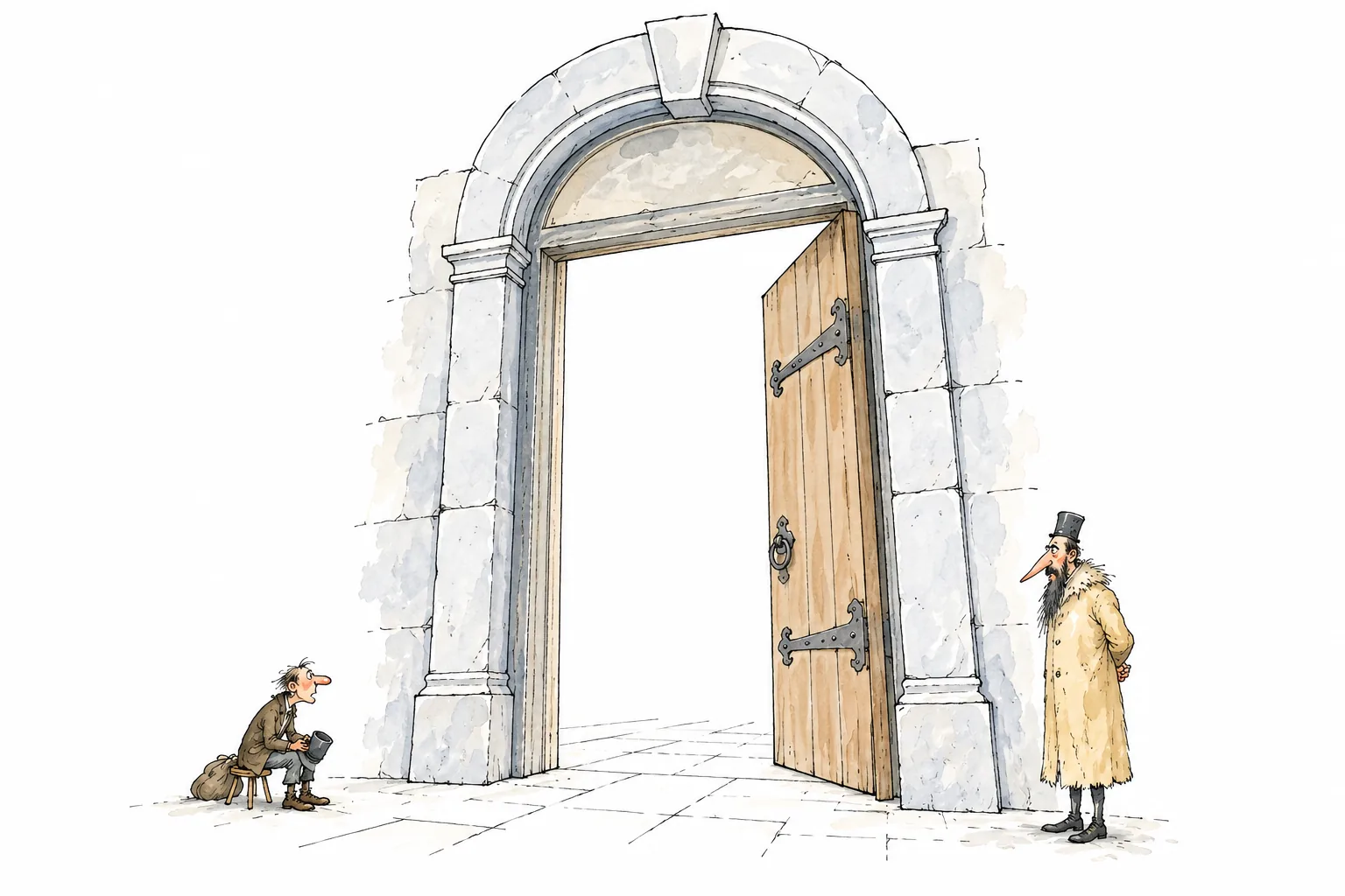 A small petitioner waits on a stool beside huge open gates. The doorkeeper stands aside, leaving the passage free.