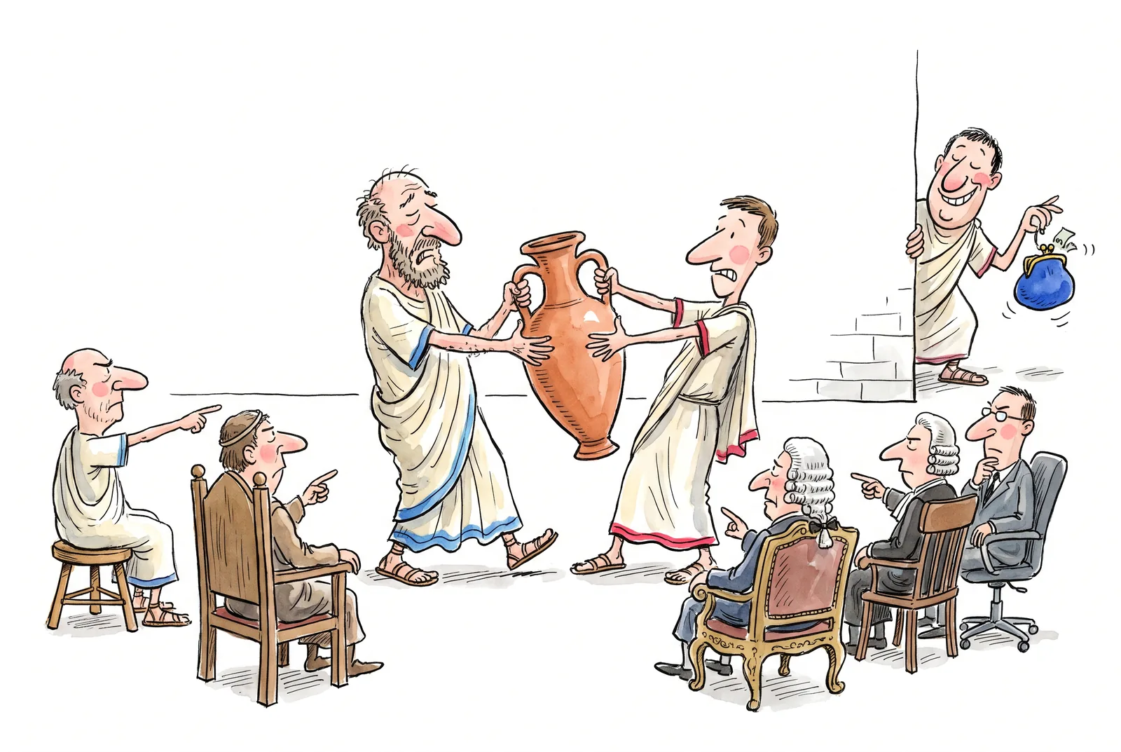 Two men in togas pull an amphora each toward himself; a third waves a blue purse from around the corner; judges of different eras point in different directions.
