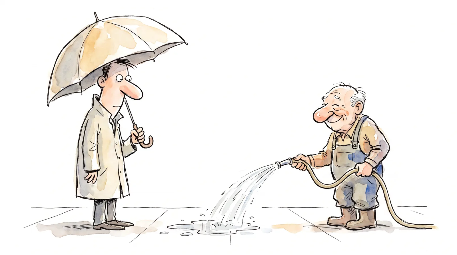 A person opens an umbrella over a wet road without noticing the gardener watering it.
