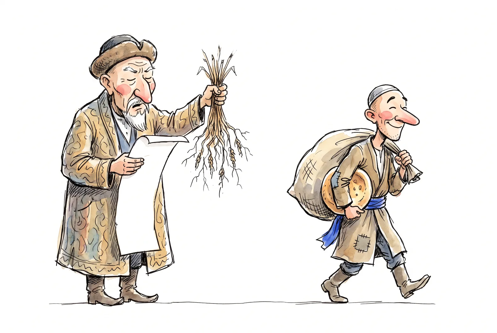 A bai studies a blank sheet of the agreement and holds a bundle of wheat roots; Aldar Kose walks away with a sack of grain and a flatbread. Pen drawing with light watercolour.