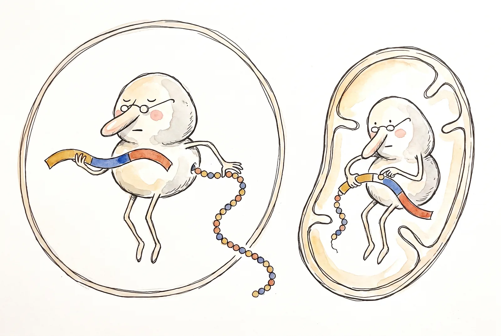 Stylized caricature: the same triple of signs is read differently in two biological systems.