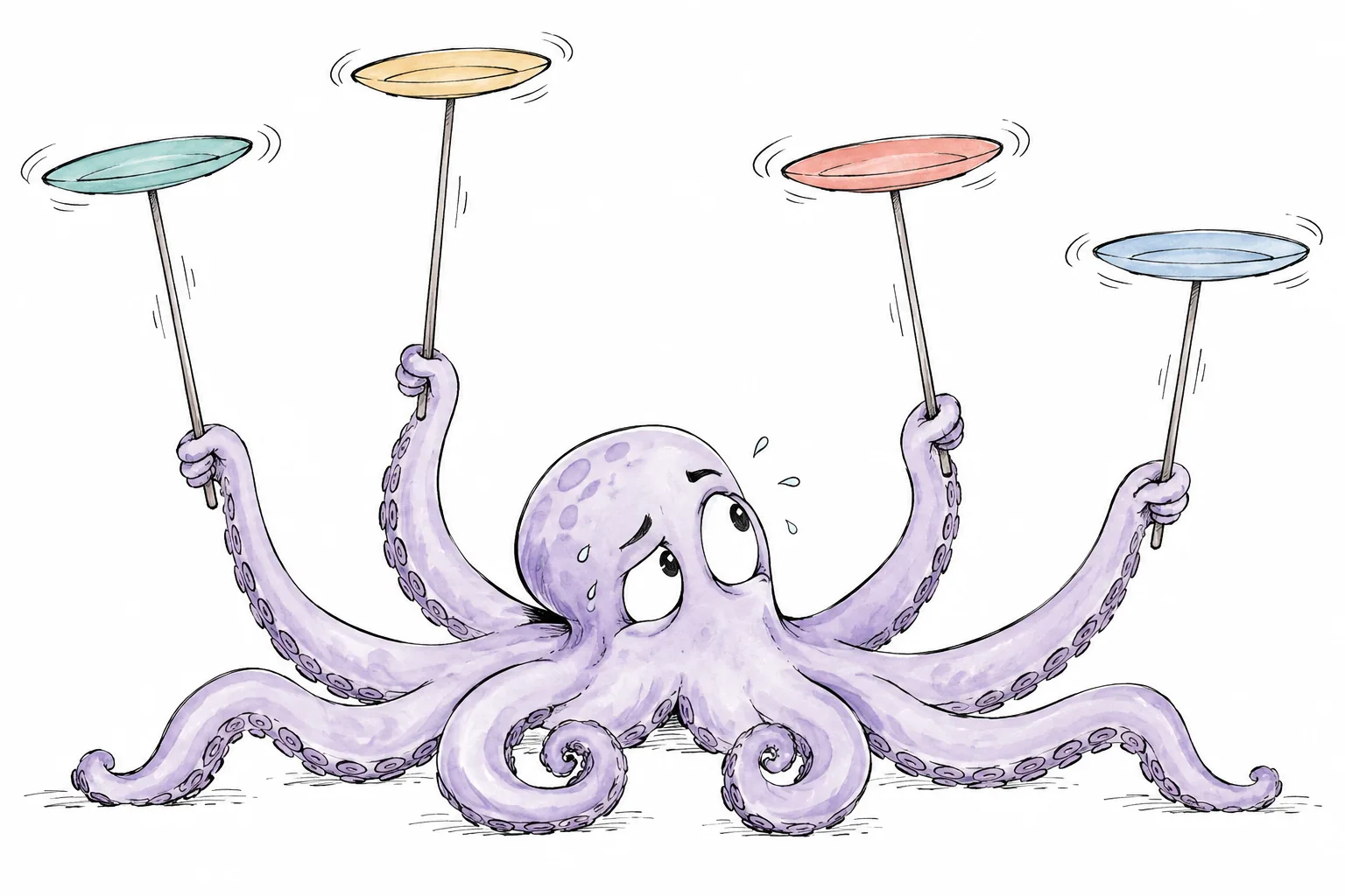 An octopus spins four plates on thin sticks, watching their balance. All the plates stay on top, but the work goes on.