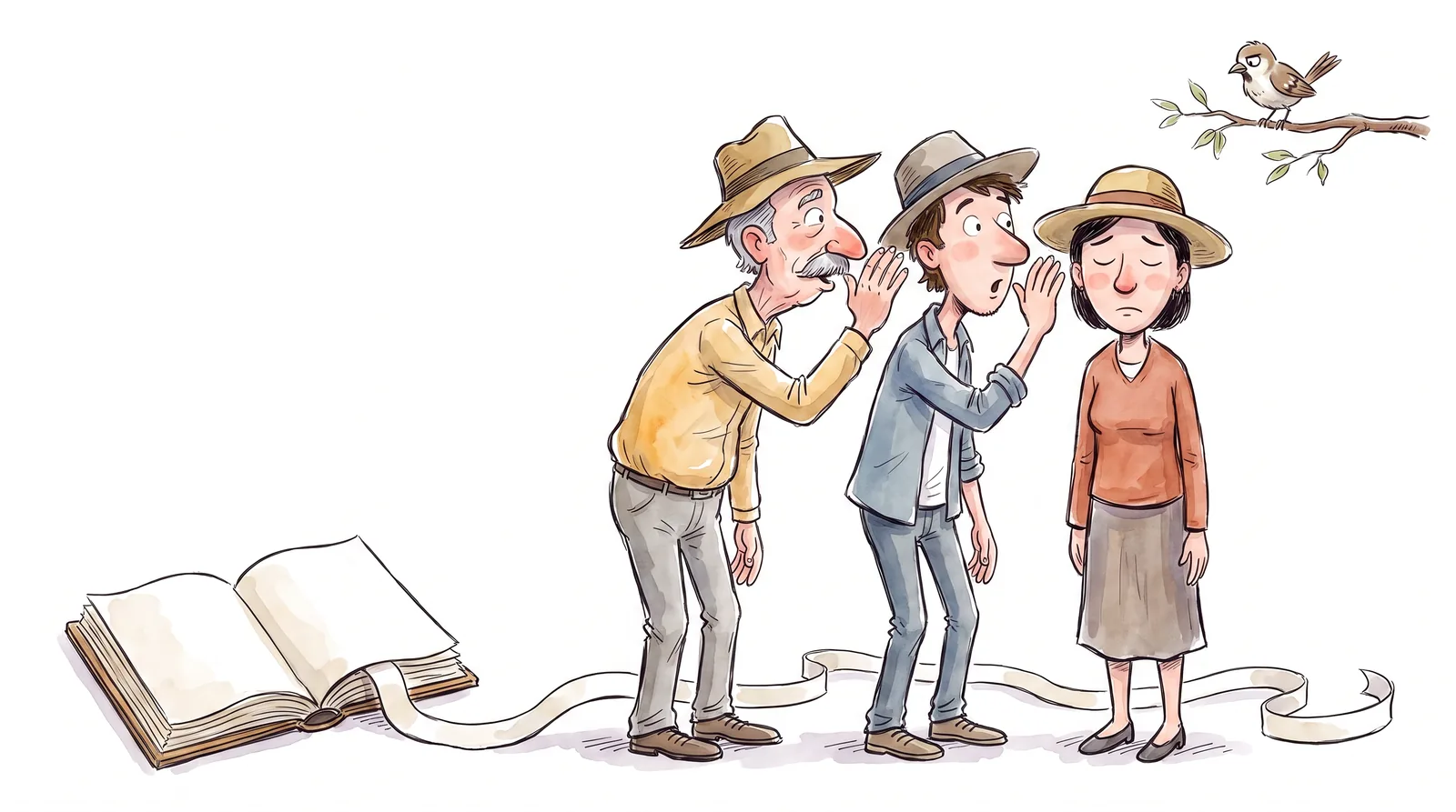 Several neighbours retell each other news from a single source.