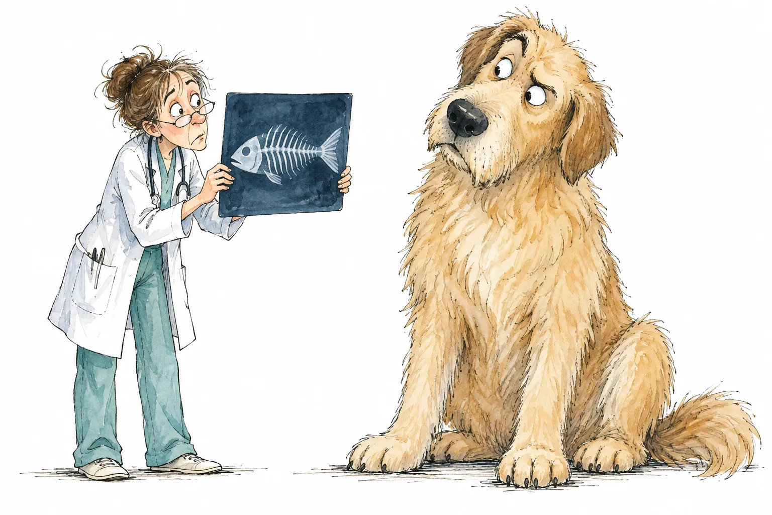 A veterinarian shows an X-ray image of a fish skeleton to a huge dog. The dog looks at the image in bewilderment.