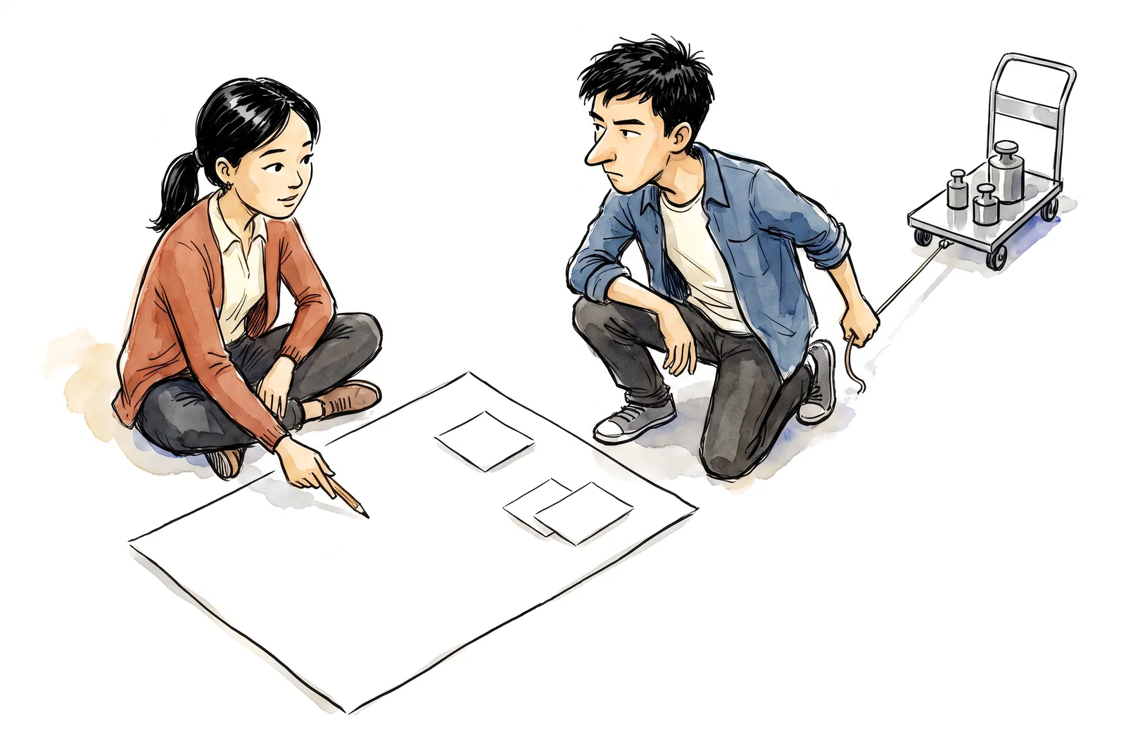Dana and Timur draft an experiment plan on a sheet spread out by a cart.