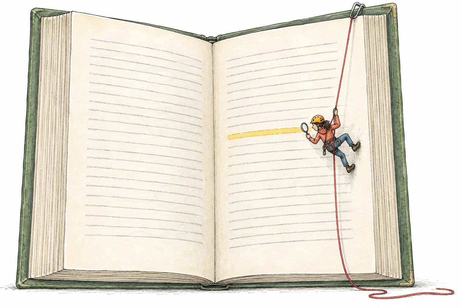 A tiny climber descends on a red rope down a huge open book, examining one highlighted line with a magnifier.