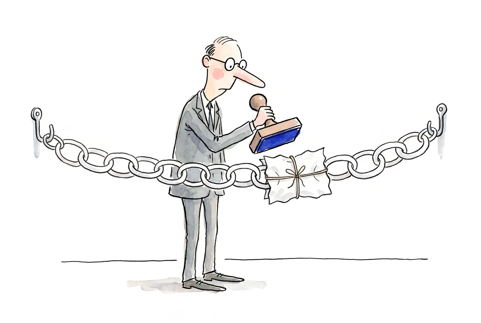A stern checker in glasses raises a stamp with a blue ink pad over a chain of paper links; one link is wrapped in paper and tied with string.