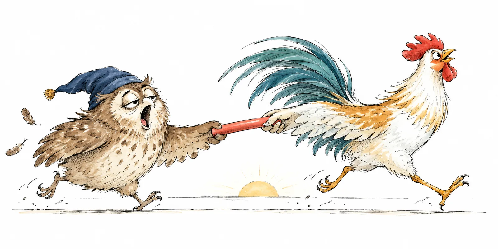 A sleepy owl in a nightcap hands a relay baton to a sprightly running rooster at dawn.