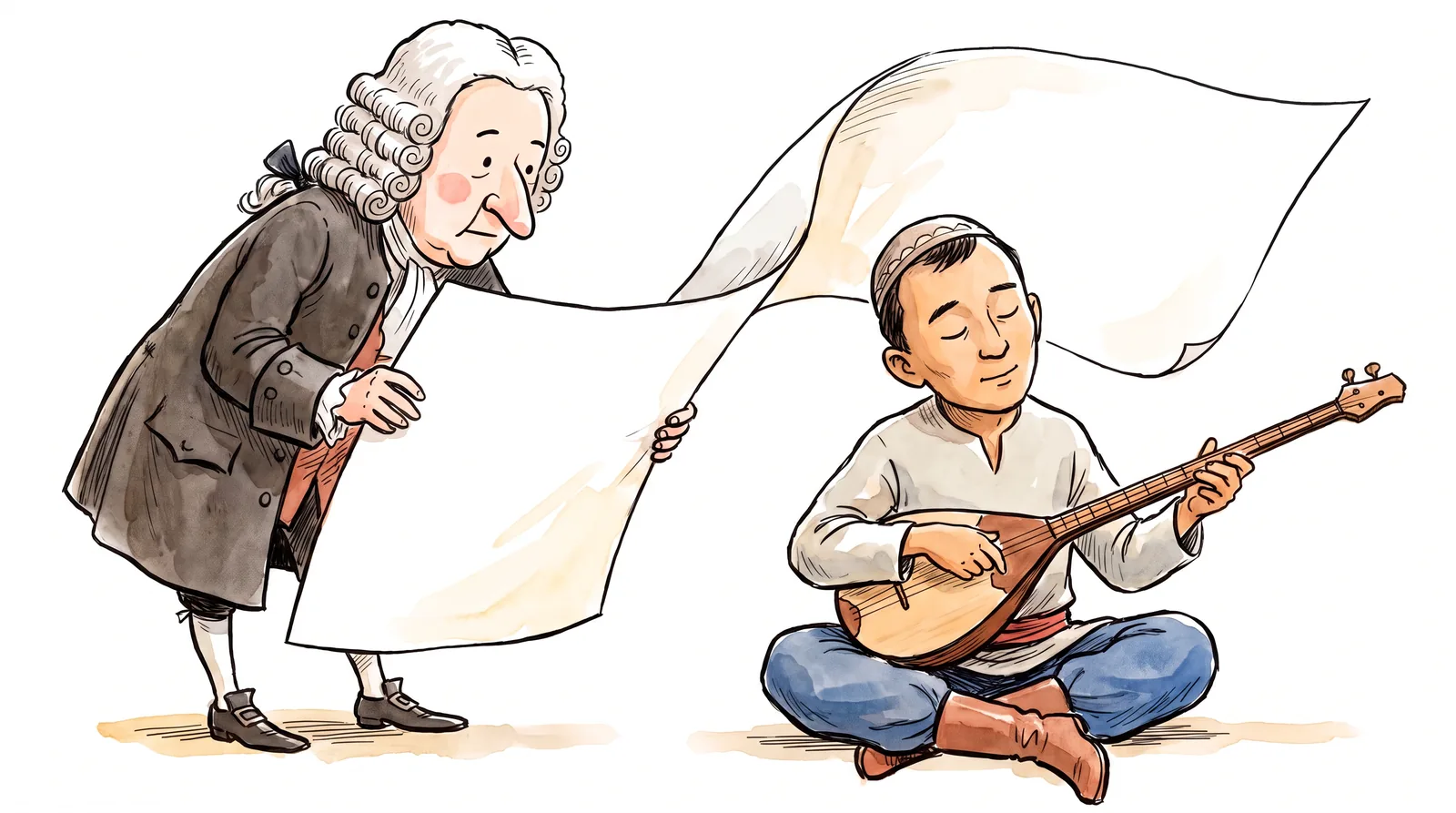 An 18th-century teacher presents an examination sheet to a musician absorbed in performing a kui.