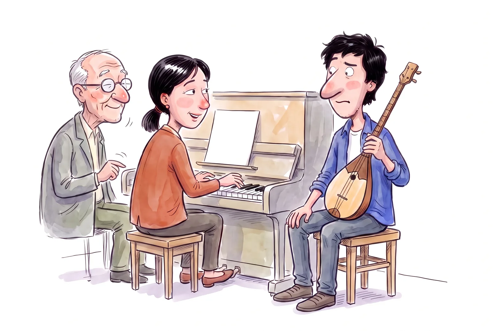 Dana has finished a piano exercise; the teacher confirms the assignment is done while Timur listens.
