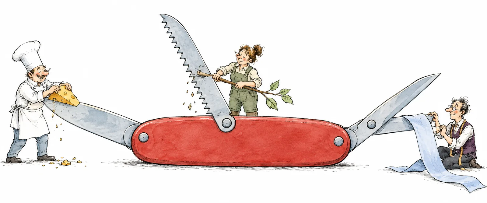 A cook slices cheese, a gardener saws a branch, and a tailor cuts fabric with different blades of one huge folding knife.