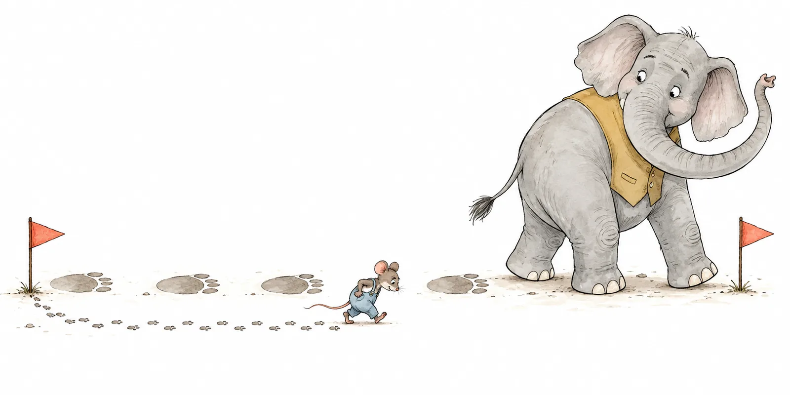 An elephant and a tiny mouse cover one distance between flags, leaving large and small footprints.