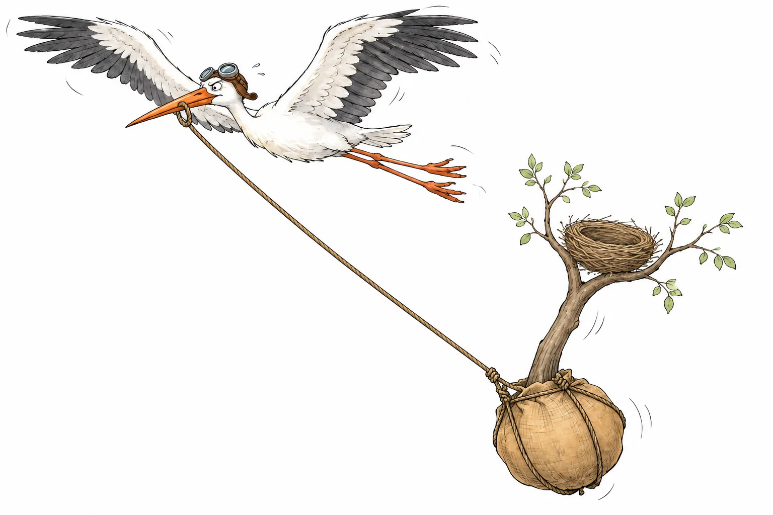 A stork in flying goggles carries on a rope a little tree with a nest and packed roots.