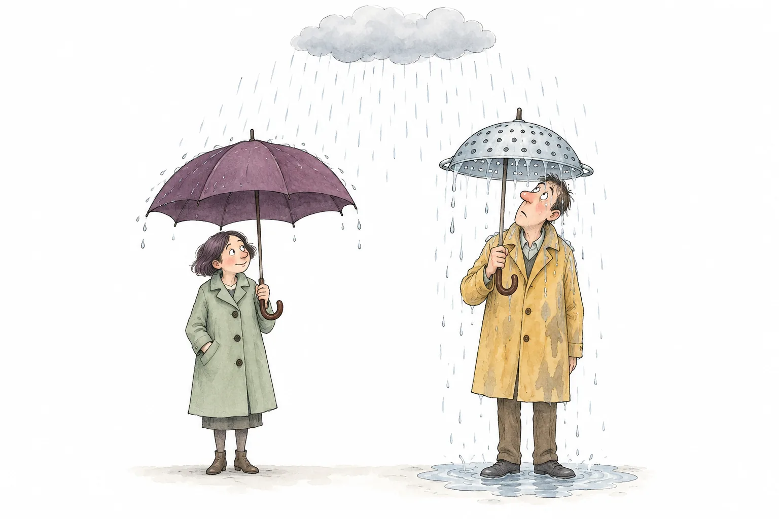 A woman stays dry under an ordinary umbrella while a man gets wet under a colander umbrella; rain falls over both.