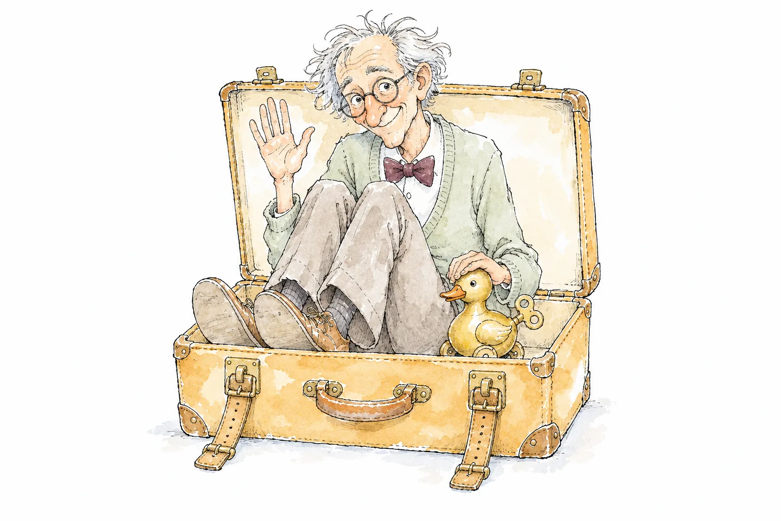 An inventor sits in an open suitcase next to a wind-up duck, raising a hand in greeting.