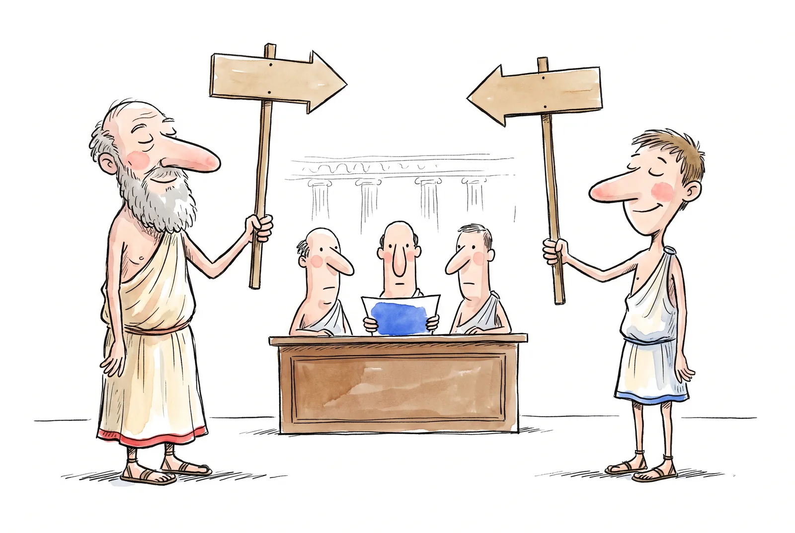 Protagoras and Euathlus hold identical pointers aimed at each other; three judges behind the bench look at an empty blue decision sheet. Coloured pen drawing with watercolour.