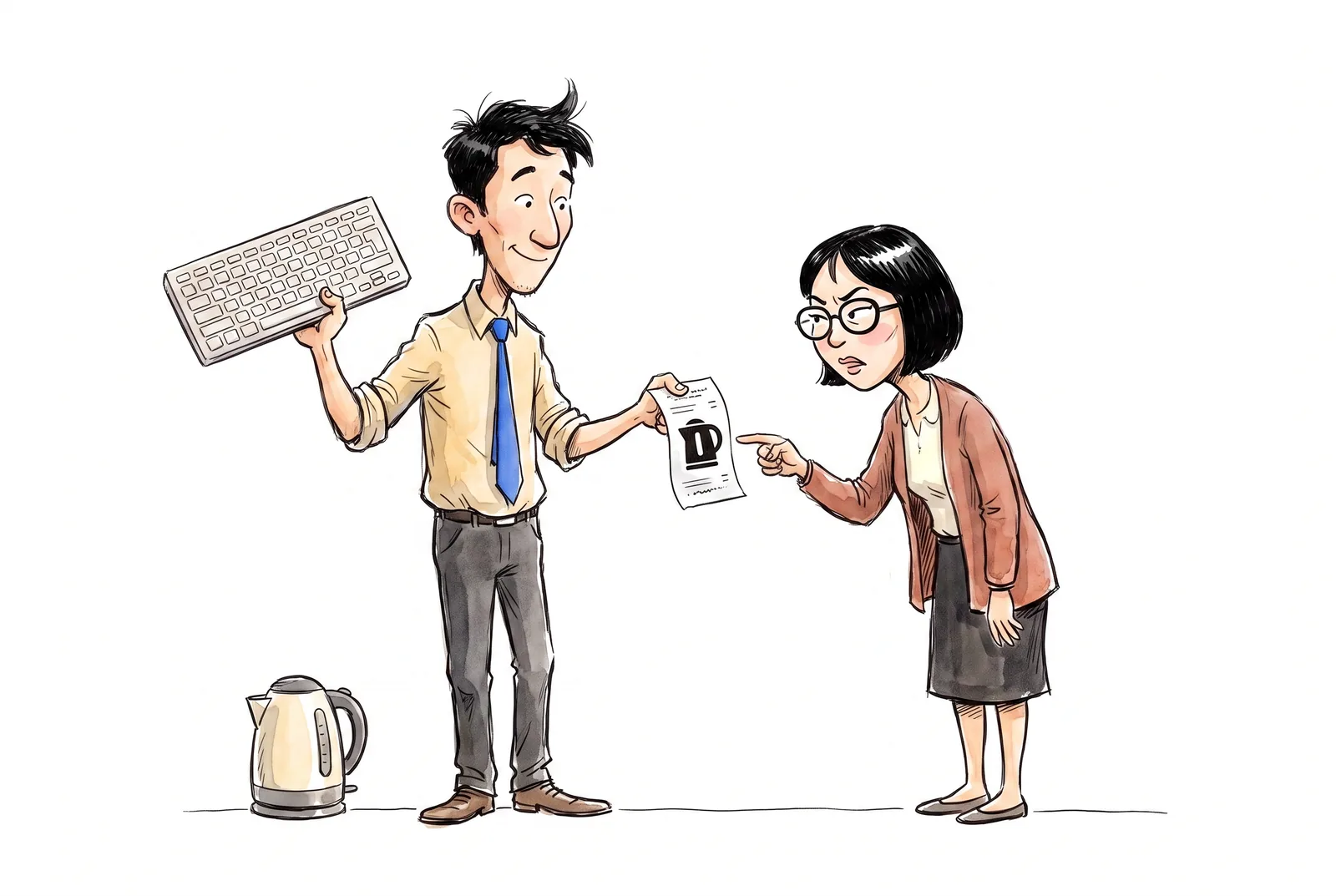 Aidos holds up a receipt for a kettle while carrying an office keyboard; Asem in round glasses points at the mismatch.