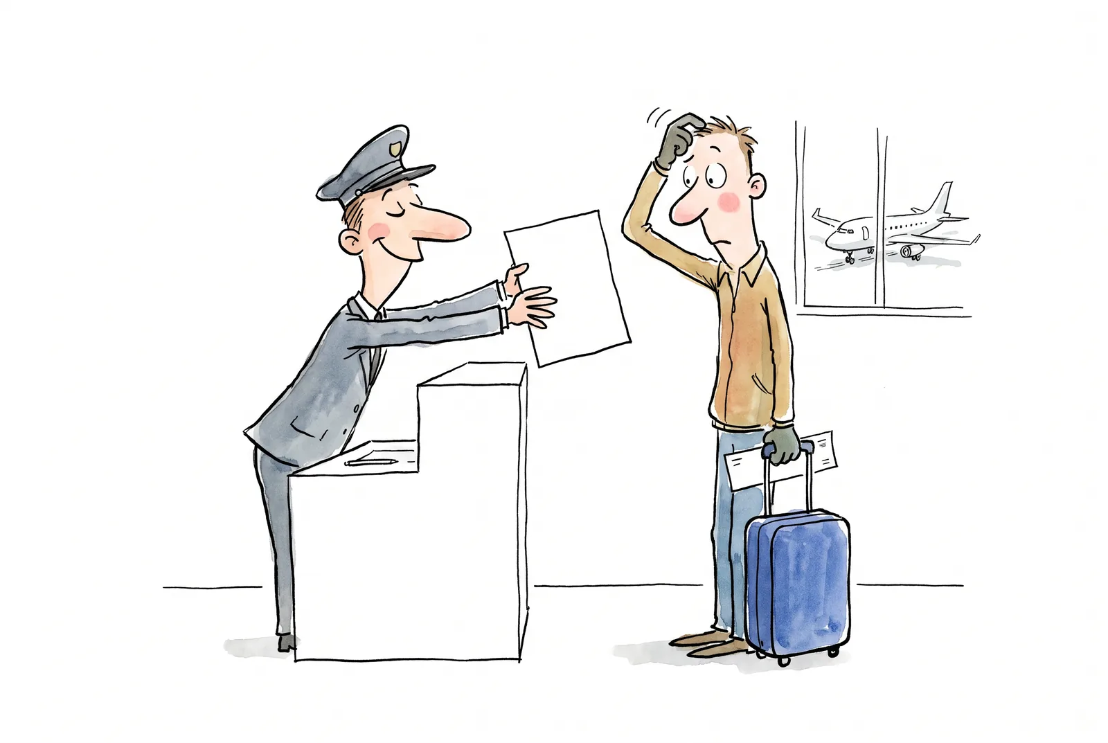 A uniformed airline clerk confidently holds out a blank sheet; a passenger with a blue suitcase scratches his head in puzzlement, a plane taking off outside the window.