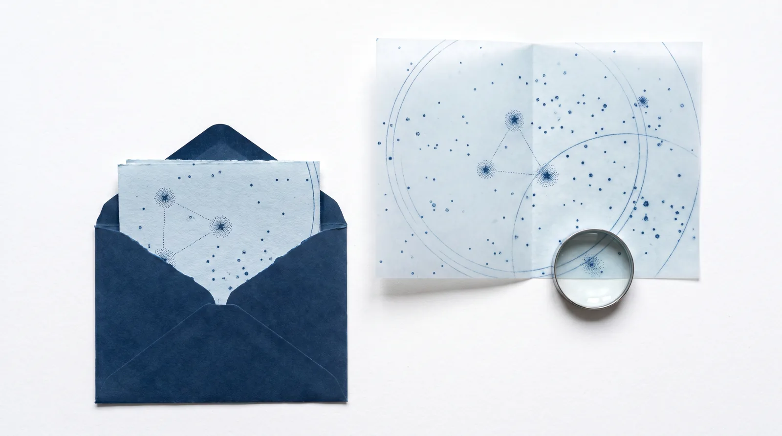 Blue object collage: an archival star atlas in an envelope and an open sheet with a wider observation. An image of what was known then and now.