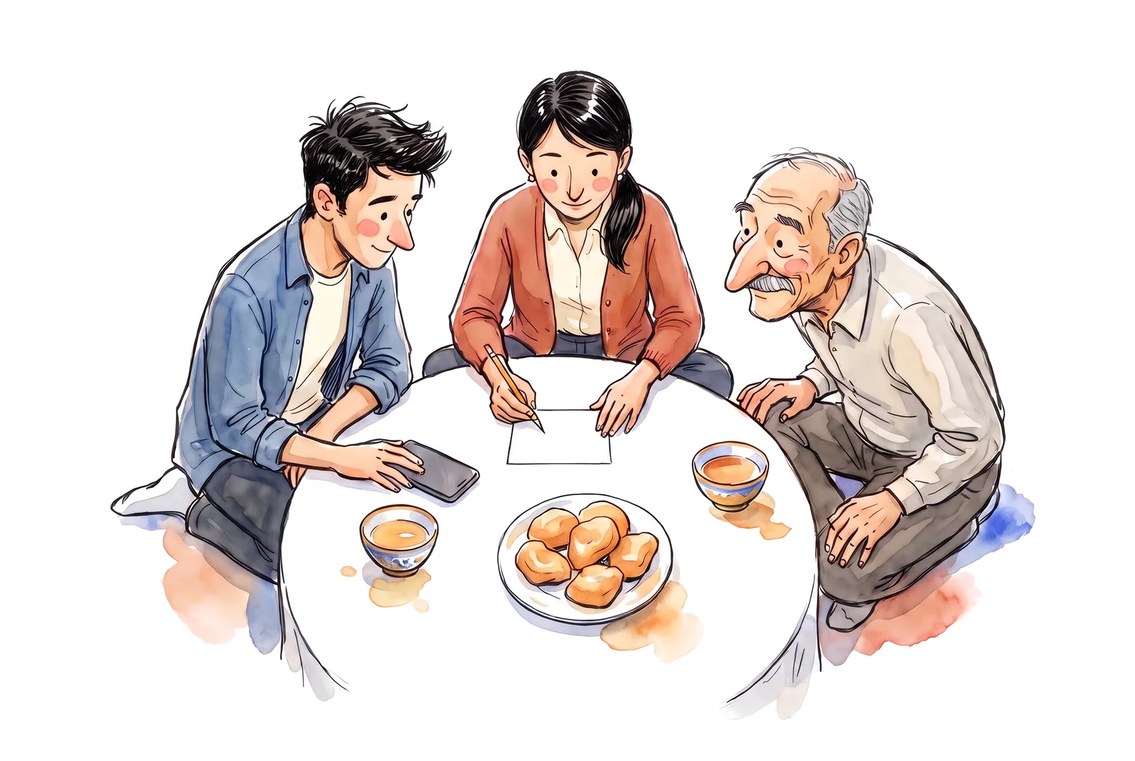 Dana, Timur and their uncle discuss a single question card over tea.