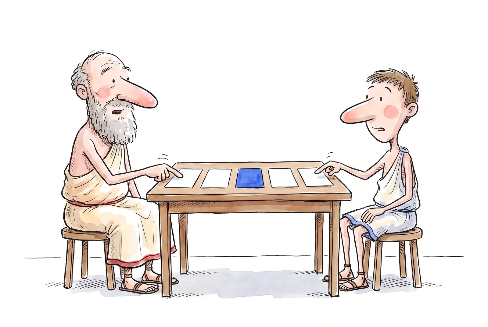 Protagoras and Euathlus sit calmly at a table, five cards between them, one blue; each points at his own.