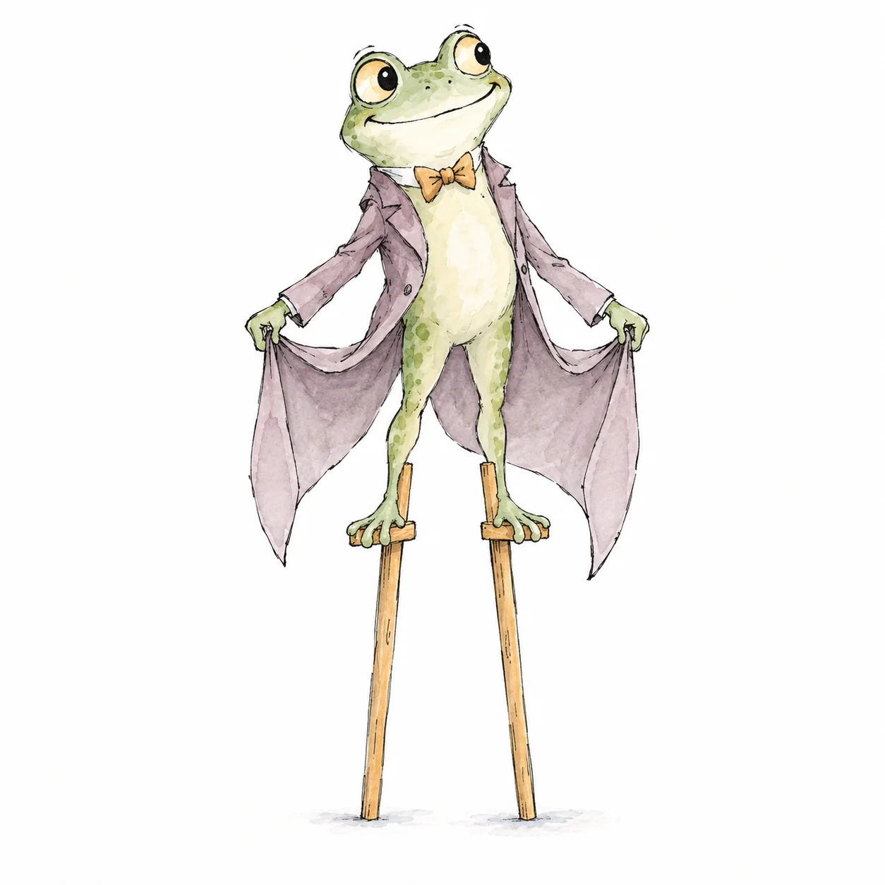 A frog in a tailcoat lifts its long coattails, showing the wooden stilts under its feet.